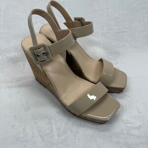 Marc Fisher Wedge Sandals Ankle‎ Strap Cork Heels Beige Patent Leather 8.5
